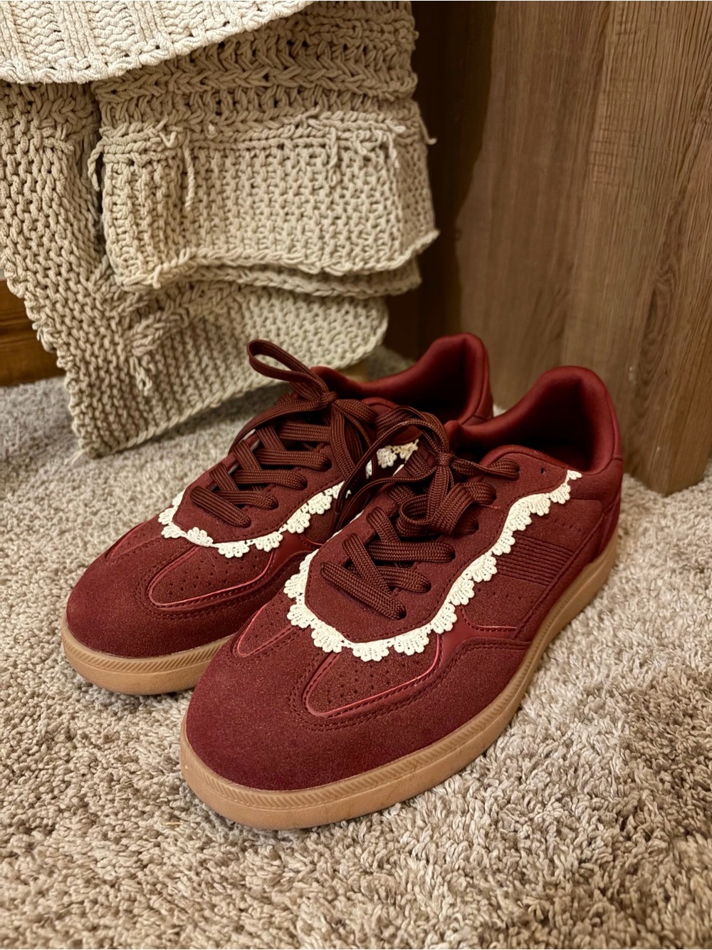 Pink Lily Burgundy Lace-Trim Sneakers
